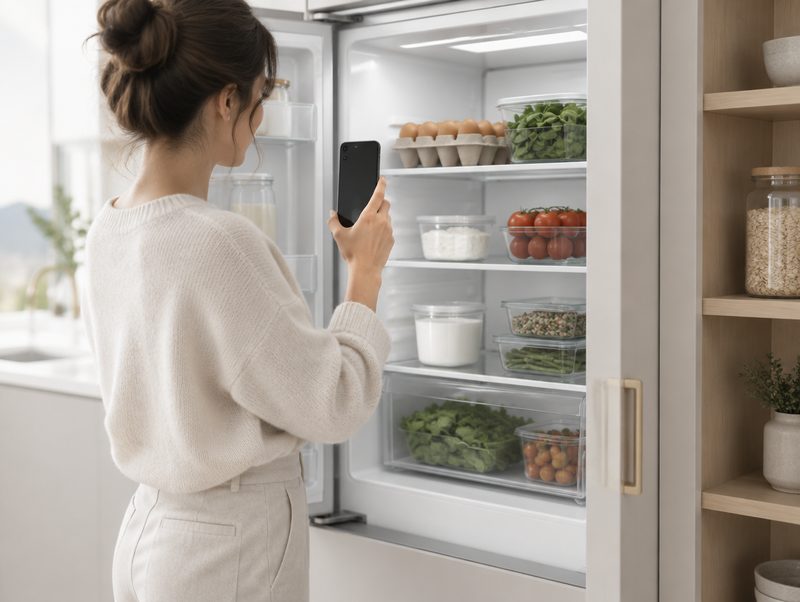 Mulher na cozinha filmando com o celular a geladeira aberta, com ovos, tomates, espinafre e potes de vidro; ao lado, uma prateleira com aveia.